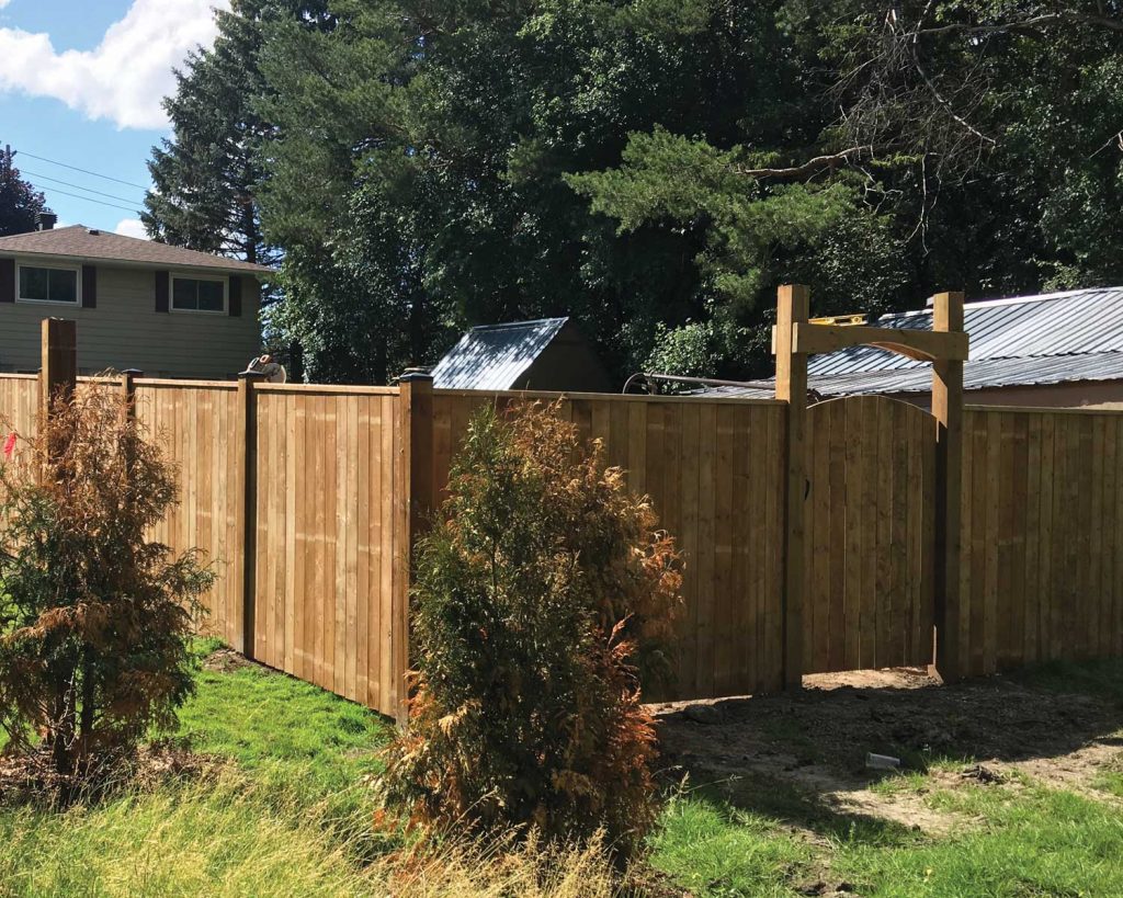 Residential backyard with a wooden fence and gate