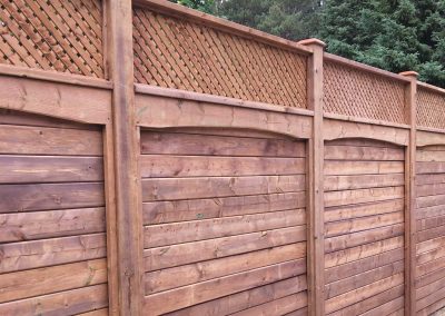 Wooden residential backyard fence with trees in the background